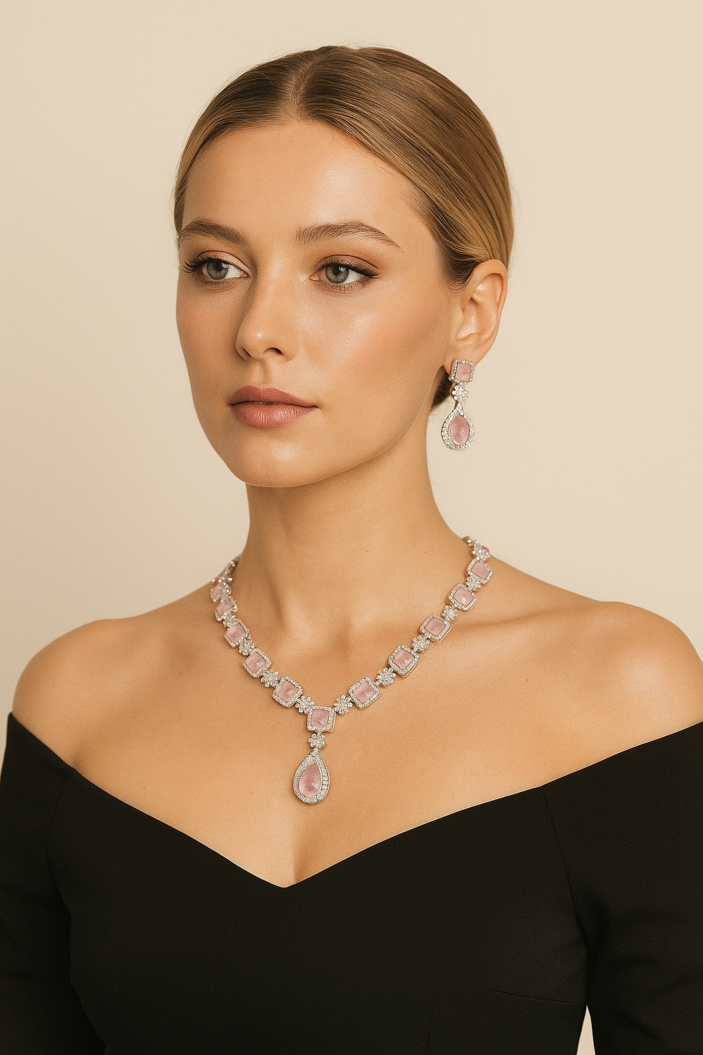 Elegant Pink Stone Diamond Look Necklace Set